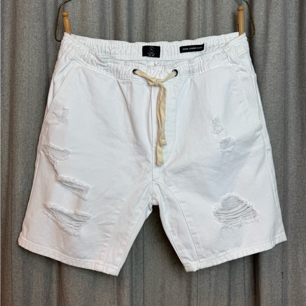 Cotton On White Denim Distressed Jogger Shorts